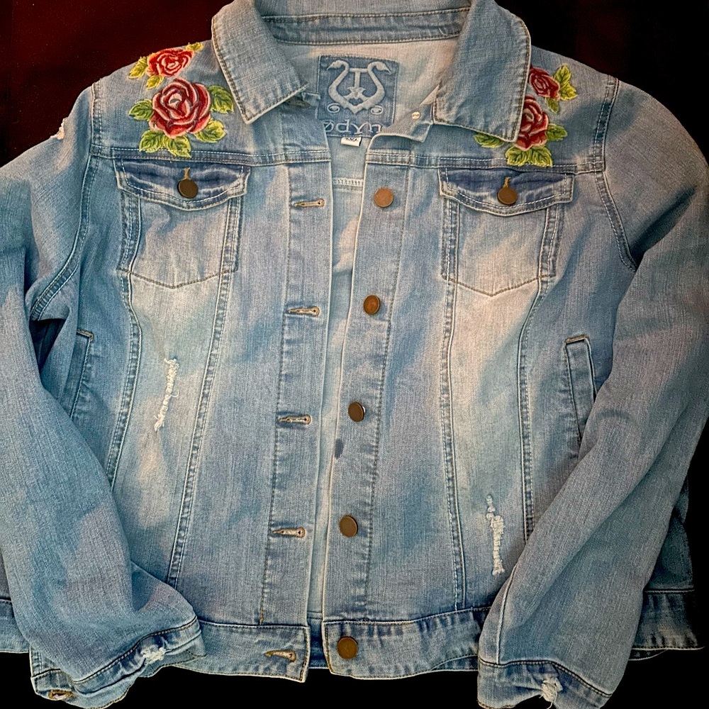 Jean distressed jacket with roses embroidered on front